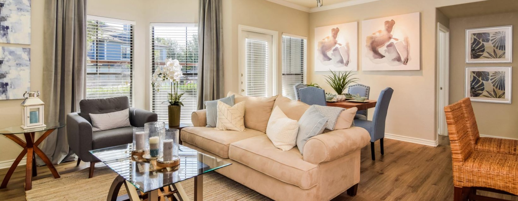 a living room with a couch and a table